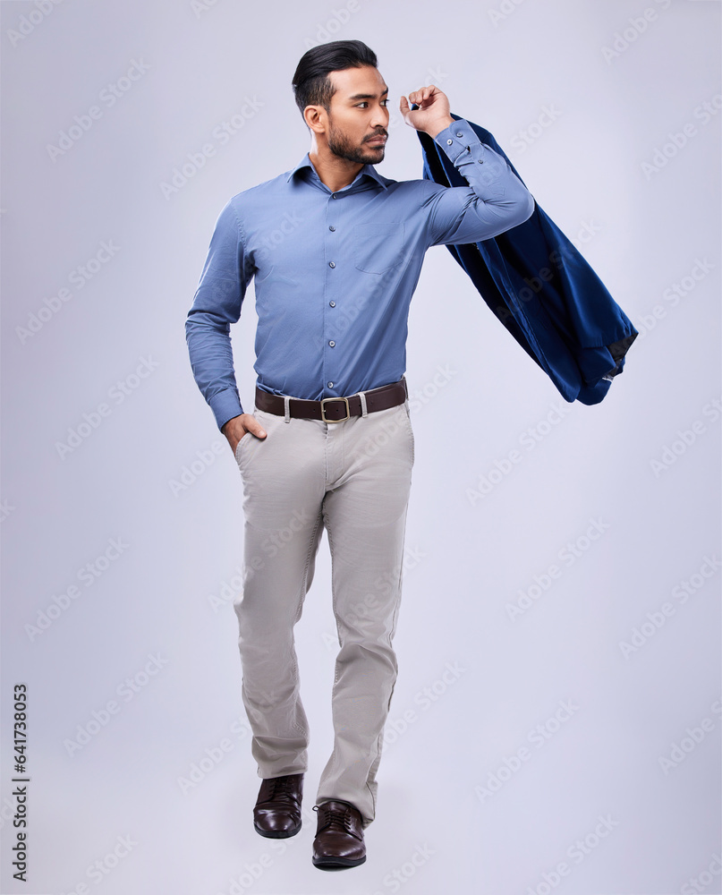 Sticker Fashion, confident and business man with jacket in studio for formal, style or attitude on grey background. Fashionable, stylish and male manager in a formal suit with ambitious, mindset or empowered