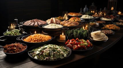 Traditional Turkish and Greek dinner appetizer table with meat and vegetables.