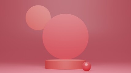 Pale pink room with a podium in the center with a metal pink ball standing next to it 3D Illustrat