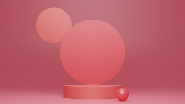 Pale pink room with a podium in the center with a metal pink ball standing next to it 3D Illustrat