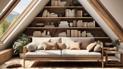 Fototapeta na wymiar Interior design of modern living room in attic, Sofa against shelving unit with books in house.