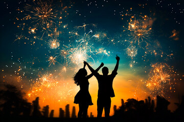 Ai generated image of unidentical people dancing with silhouette image with firework background. - obrazy, fototapety, plakaty