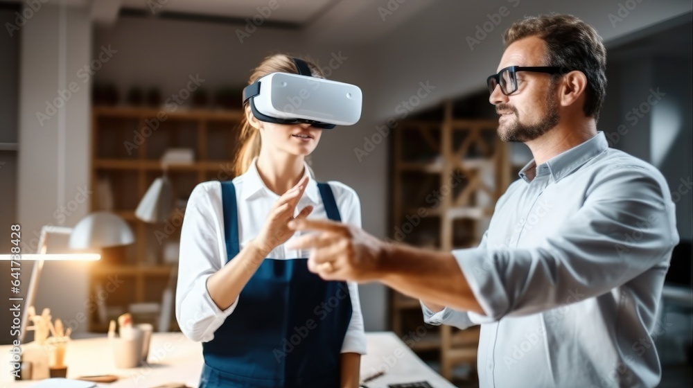Poster woman architect using vr glasses to imagine or design a project with foreman in the office.