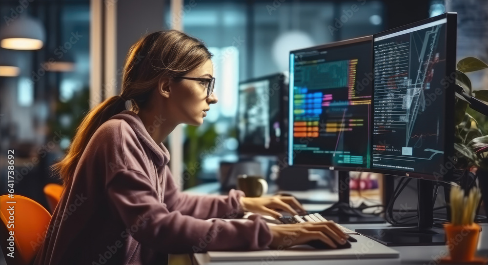 Aufkleber Female Software Engineer Writes Code on Desktop Computer In Modern Office, Working On Artificial Intelligence Service For Tech Company.