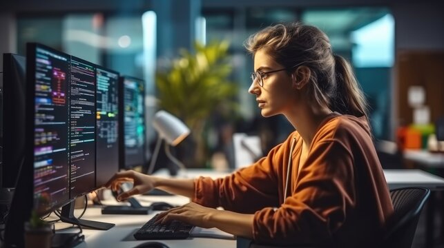 Female Software Engineer Writes Code on Desktop Computer In Modern Office, Working On Artificial Intelligence Service For Tech Company.