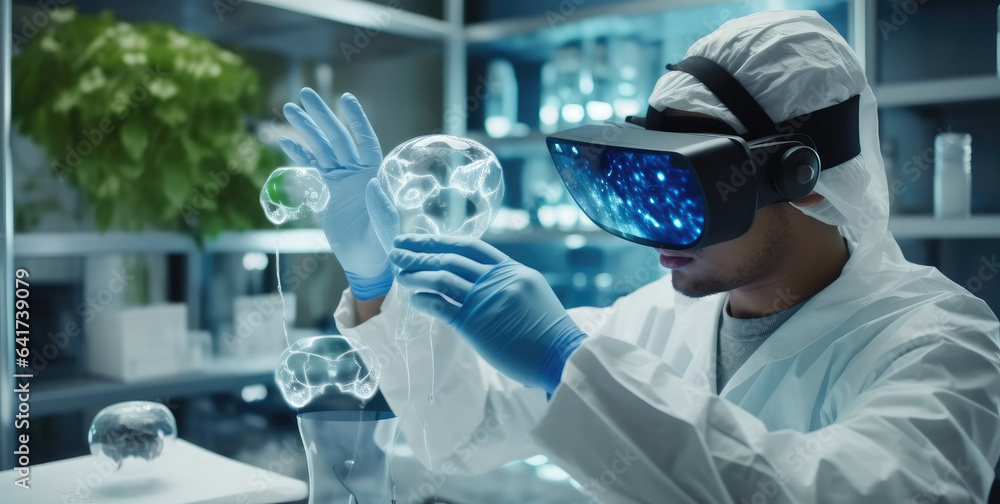 Fototapete futuristic researcher using the augmented reality vr glasses with hologram graphics for viewing resu
