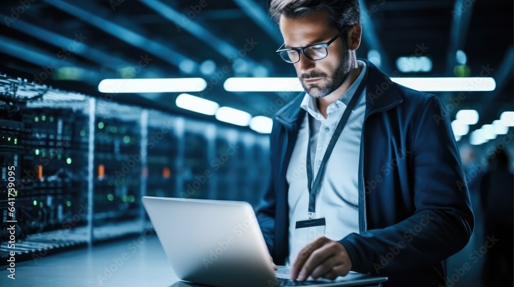 Poster Administrator Working With Data Protection Engineering Network for Cyber Security in data center, Server Farm Cloud Computing Facility with System.