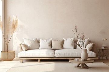 Fototapeta na wymiar Home mockup, beige room with natural wooden furniture, Scandi boho style interior background, 3d render, Generative AI