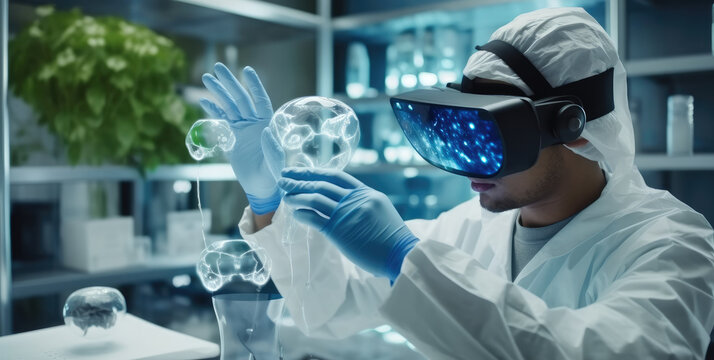Futuristic researcher using the augmented reality VR glasses with hologram graphics for viewing results of research in laboratory, Interacting with virtual reality.