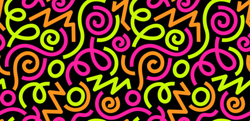 Seamless abstract pattern with colorful doodle elements. Vector neon colors background