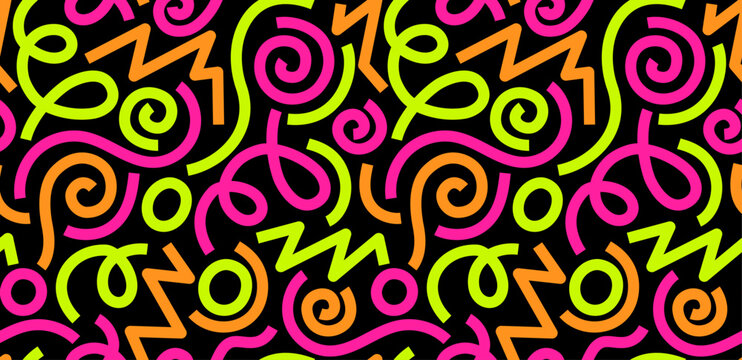 Seamless abstract pattern with colorful doodle elements. Vector neon colors background