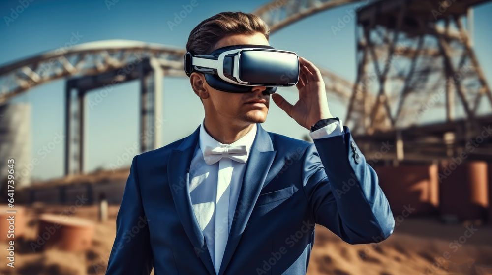 Poster businessman wearing virtual reality goggles during analyzing building structure at the construction 