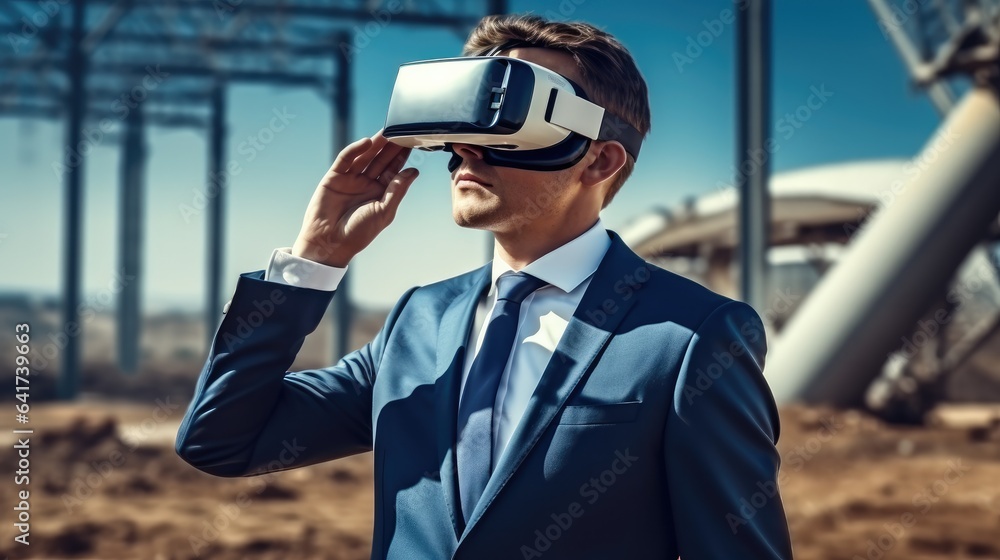Poster businessman wearing virtual reality goggles during analyzing building structure at the construction 