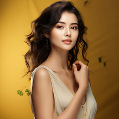 Portrait of beautiful girl with long wavy hair. Perfect Fresh Clean Skin. Youth and skin care concept. Copy space