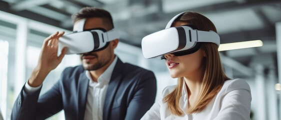 Two business people with VR goggles in the office, Futuristic tech with metaverse with digital data.