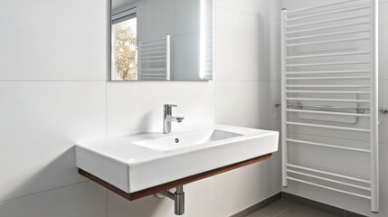 Interior of an elegant bathroom, Sink bowl on wooden cabinet and shelving unit.