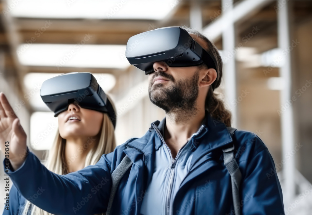 Poster analyzing building structure, man client wearing vr glasses imagining future interior standing with 