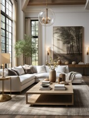 Open space interior with modular sofa, wooden coffee table, big window, patterned pillows, braided plaid, stylish lamp, beige coffee table, plants and personal accessories. Home decor...