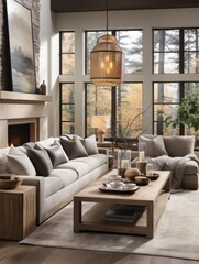Modern scandinavian interior living room, contemporary boho style with modern style living room