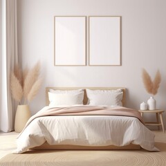 Mockup frame in bedroom interior background, room in light pastel colors, 3d render, Generative AI