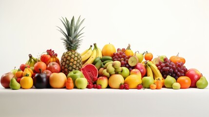 Fruits were placed in a row on a white background with space for text. 