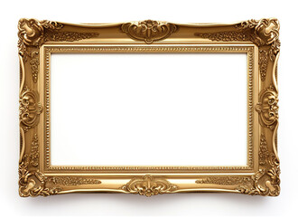Gold frame for a picture in a classic baroque style on a white background. Illustration, Generative AI.