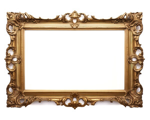 Gold frame for a picture in a classic baroque style on a white background. Illustration, Generative AI.
