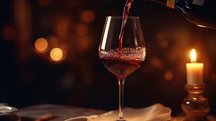 Pouring red wine from bottle into glass on blurred background, closeup. 