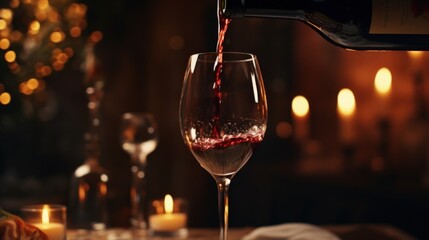 Pouring red wine from bottle into glass on blurred background, closeup. 