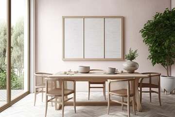 Mock up frame in cozy boho dining room interior background, 3d render, Generative AI