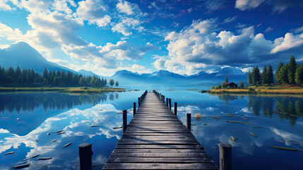 a wooden walkway goes into the water, with a dramatic sky - obrazy, fototapety, plakaty