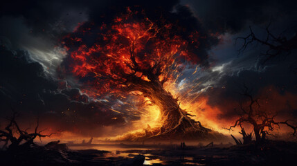 a burning tree in the night