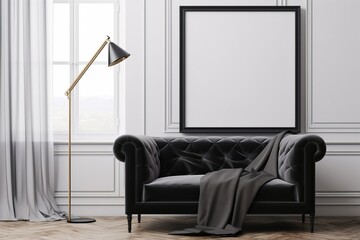Black frame mockup in classic white interior with modern furniture, 3d render, Generative AI