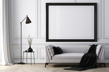 Black frame mockup in classic white interior with modern furniture, 3d render, Generative AI