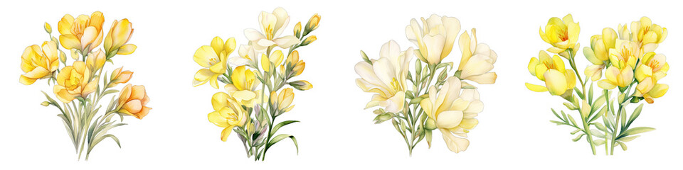 Freesia Botanical View On A Clean White Background Soft Watercolour Transparent Background - obrazy, fototapety, plakaty