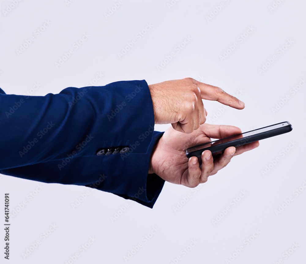 Poster Phone, hands and closeup of man scroll on social media, mobile app or the internet for communication. Technology, networking and male person browsing on a website with cellphone by studio background.