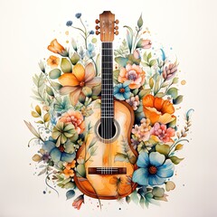 watercolor illustration of acoustic guitar surrounded by flowers and leaves isolated on white background