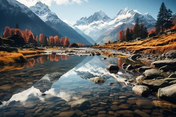 Papier Peint photo autocollant Paysage beautiful mountain landscape with lake and autumn forest