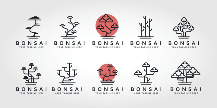set, bundle vector of bonsai tree logo line art symbol illustration design