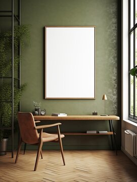 Mockup frame in home office interior background, mid-century modern style in loft, 3d render, Generative AI