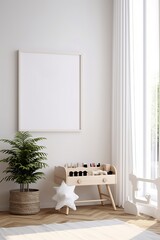 Mock up poster frame in modern beige home interior, Scandinavian style, 3d render, Generative AI