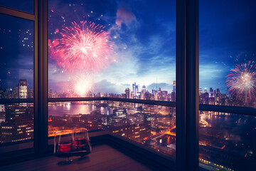 Ai generated image of firework from window view - obrazy, fototapety, plakaty
