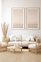 Fototapeta na wymiar Mockup frame in Coastal interior background, room in light pastel colors, 3d render, Generative AI