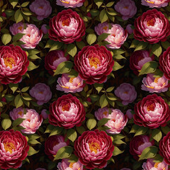 Floral Seamless Pattern with Pink Red Peonies with Green Leaves on Dark Background. Wallpaper Design for Textiles, Interior, Clothes, Wrappings, Postcards, Greetings. 