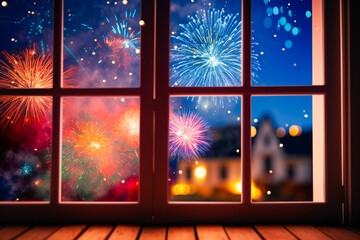Ai generated image of firework from window view - obrazy, fototapety, plakaty