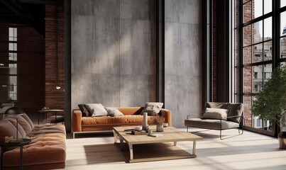 Living room loft in industrial style ,3d render, Generative AI - obrazy, fototapety, plakaty