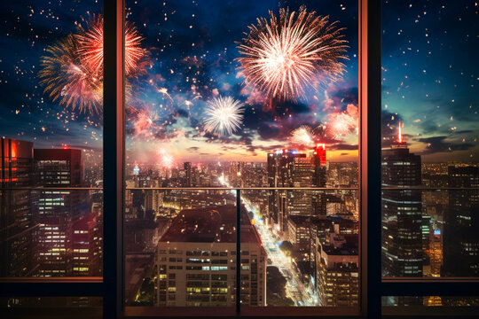 Ai generated image of firework from window view