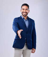 Smile, handshake and portrait of businessman in a studio for deal, partnership or onboarding....