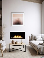 Mock up poster in modern home interior with fireplace, Scandinavian style, 3d render, Generative AI