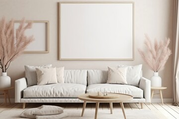 Mockup frame in interior background, room in light pastel colors, Scandi-Boho style, 3d render, Generative AI